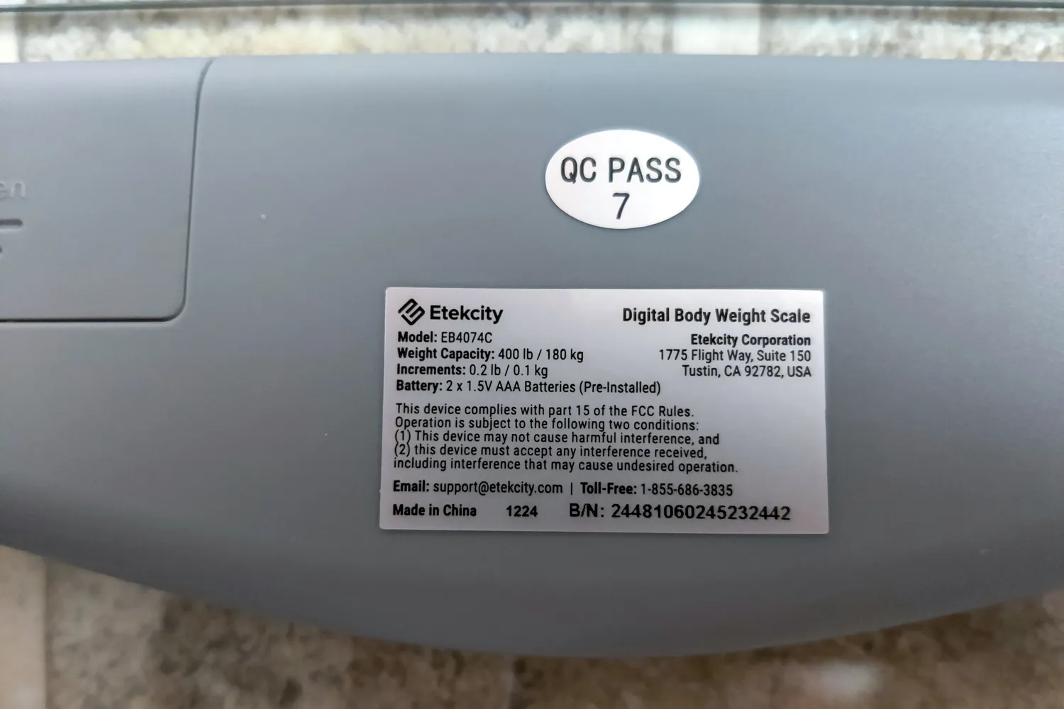 The device information on the Etekcity EB4074C Digital Body Weight Scale