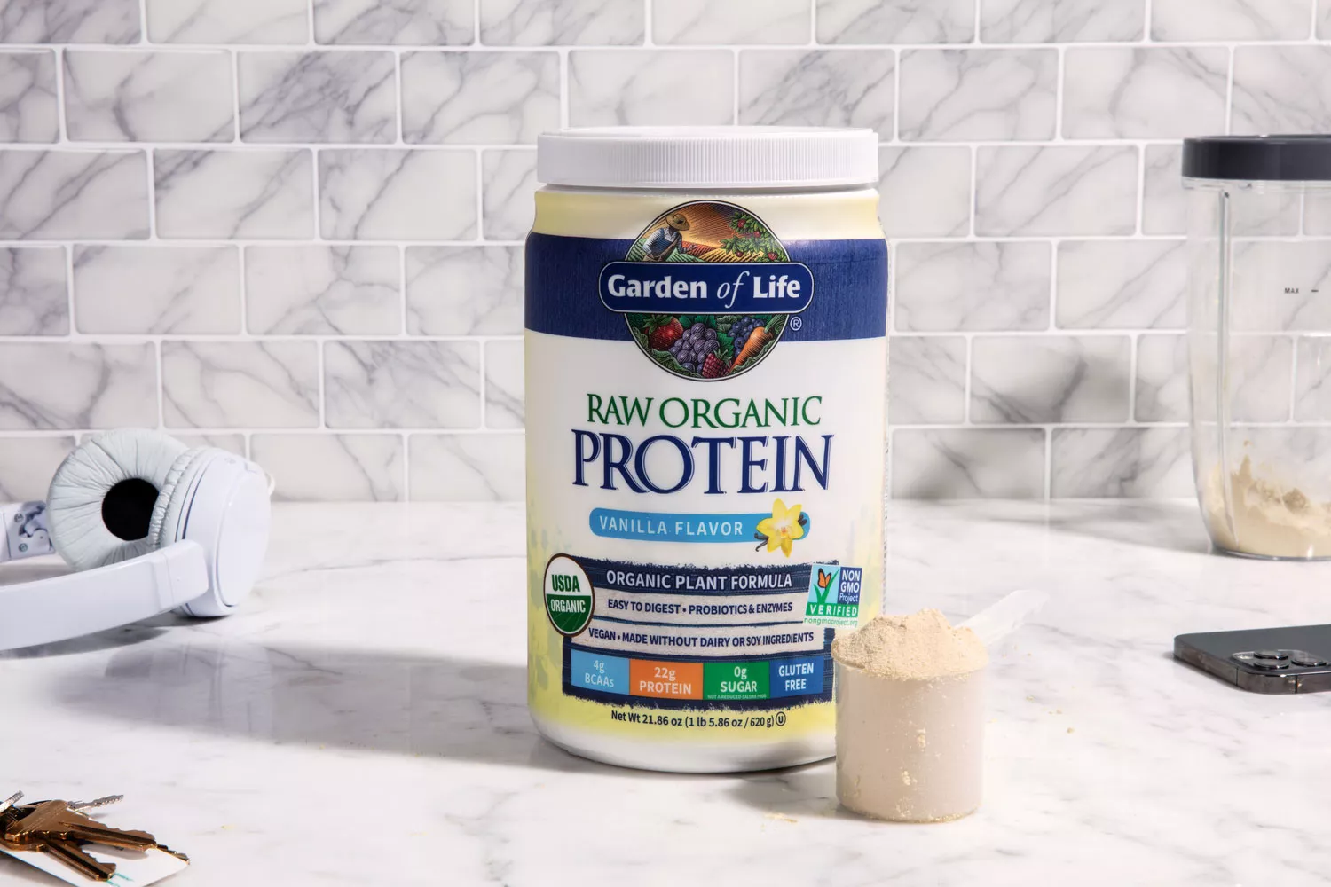 Garden of Life Raw Organic Vanilla Protein Powder displayed on kitchen counter