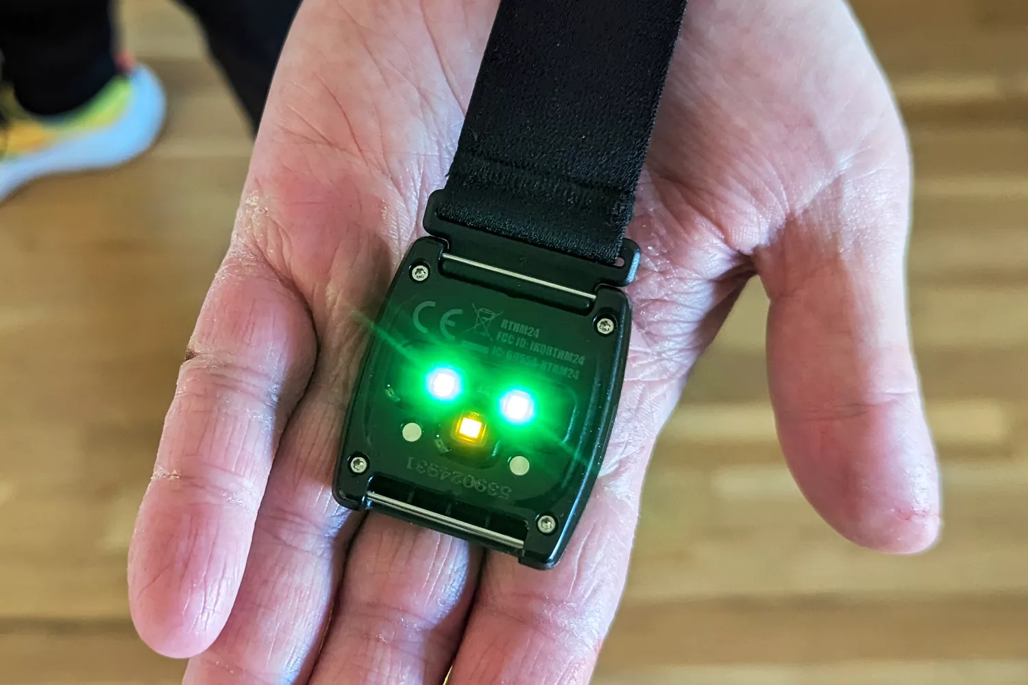 Close up of the back of a Scosche Rhythm24 Waterproof Armband Heart Rate Monitor