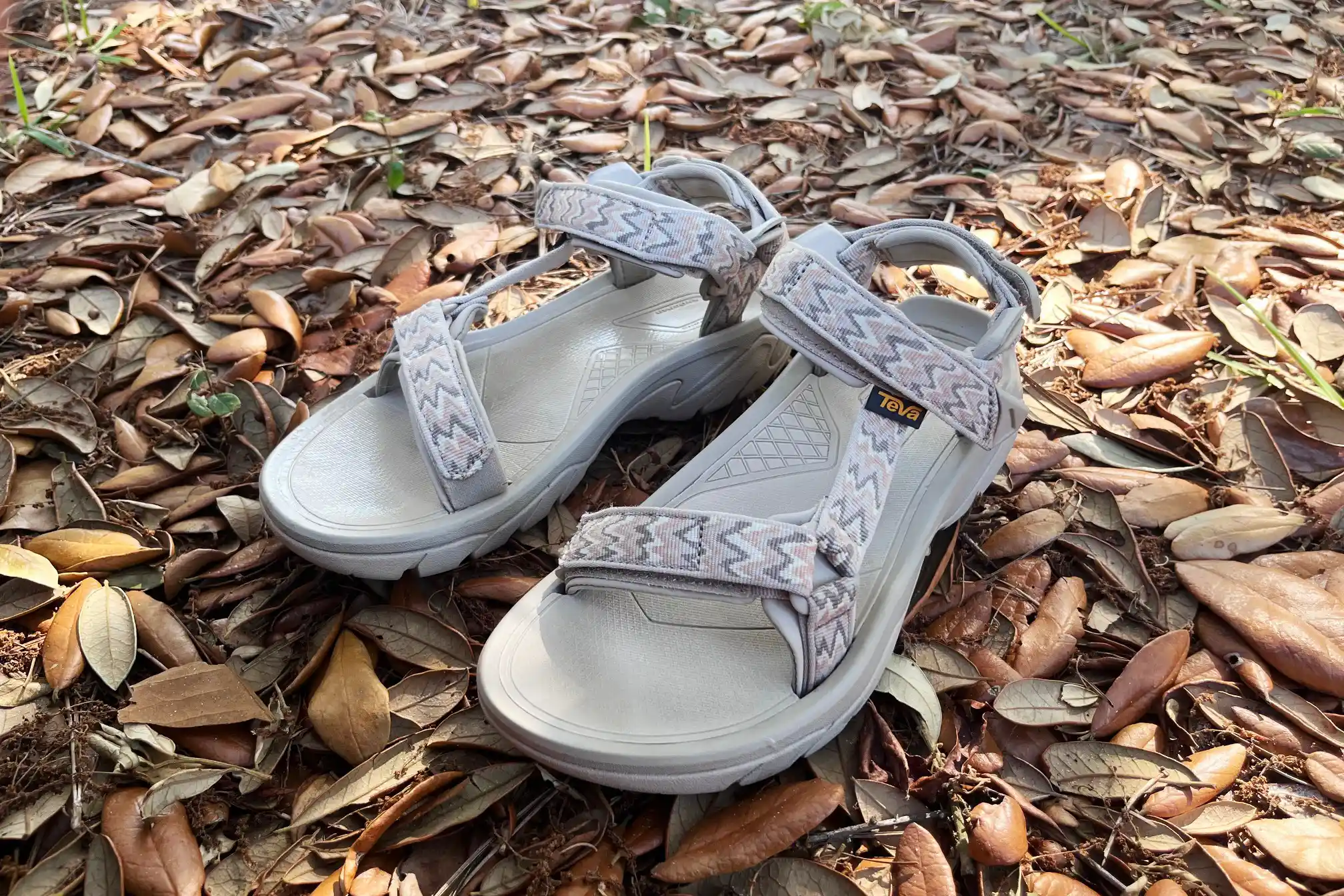 A pair of Teva Terra Fi 5 Universal Sandals sits on dried leaves