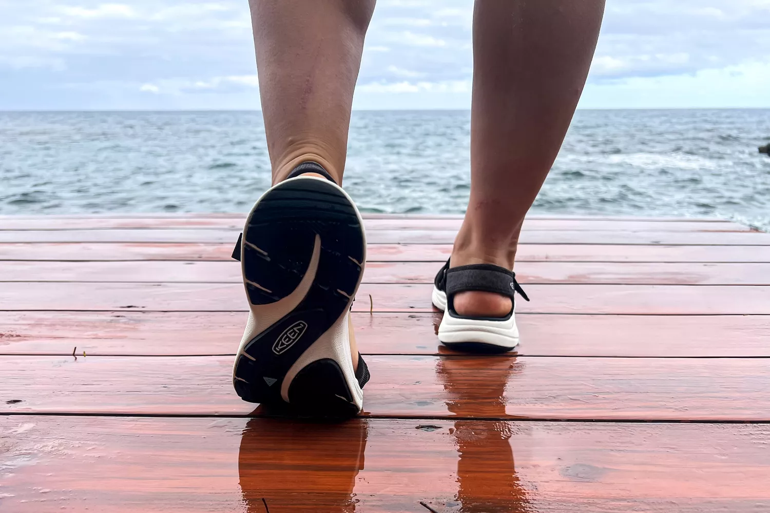 A close-up of feet from the back while wearing the Keen Women's Leiki Open-Toe Sandal