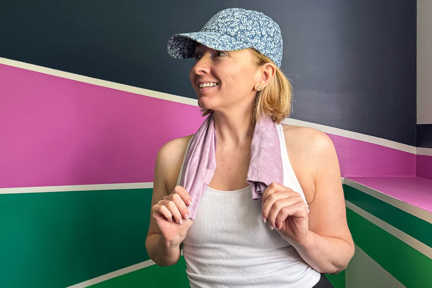 A person uses the lululemon The (Small) Towel while working out
