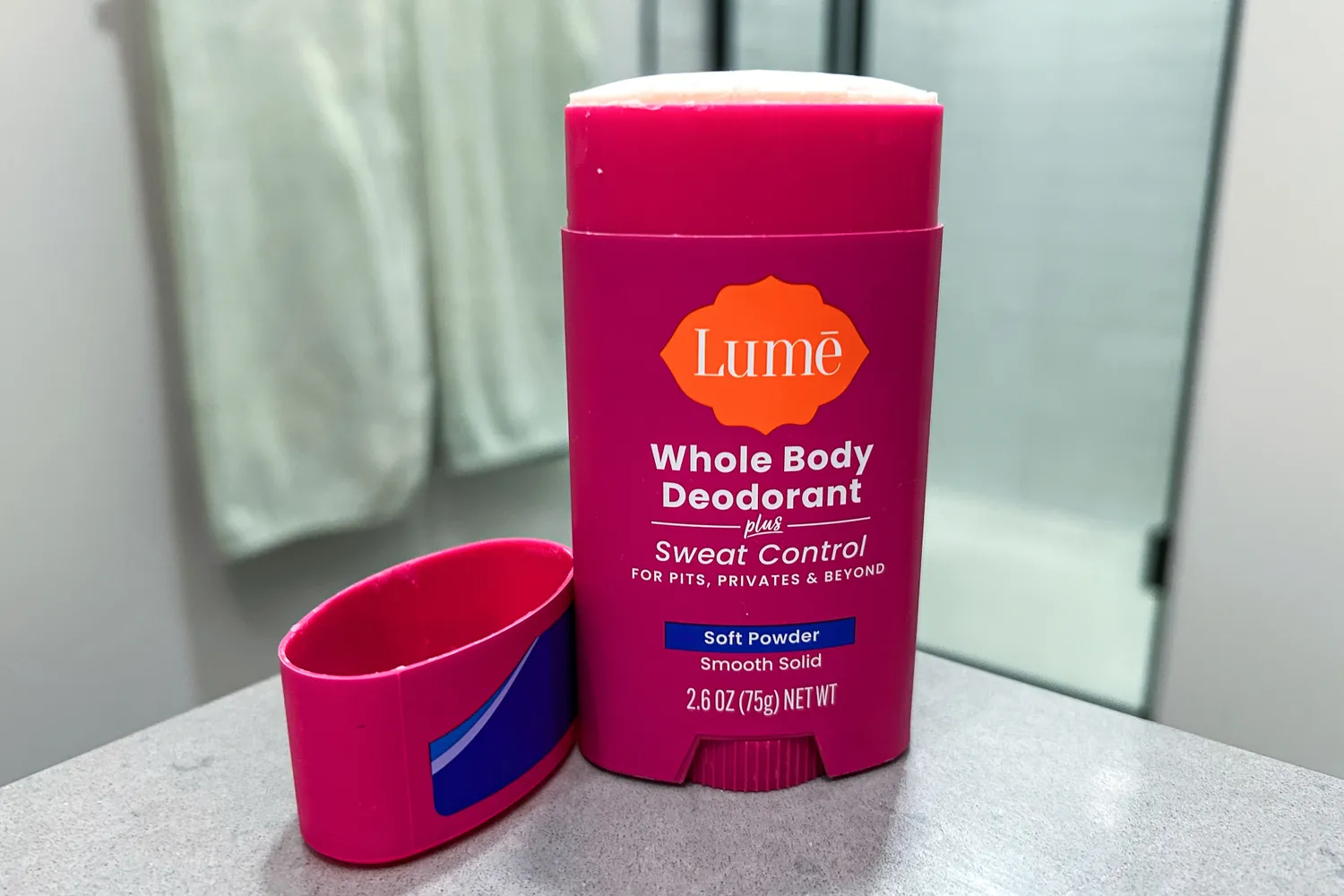 The Lume Solid Stick Deodorant Plus Sweat Control with the cap off