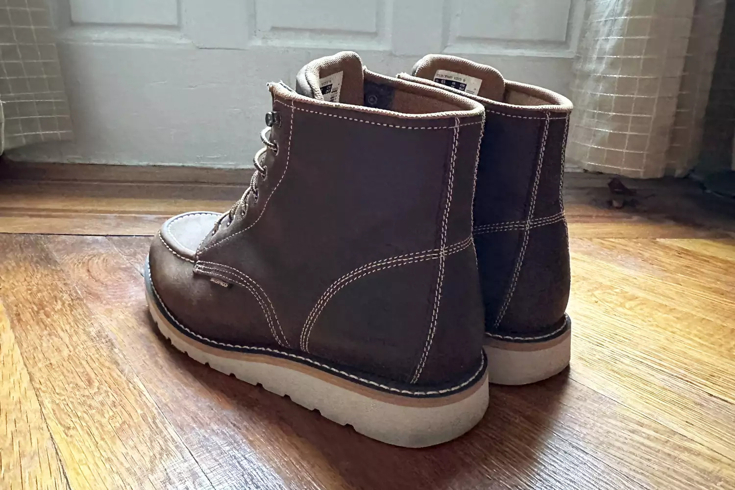 The Carhartt Men 6in Waterproof Wedge Soft Toe Work Boot from the back