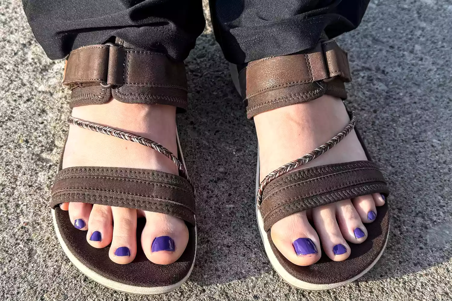An overhead view of the Merrell Women's Terran 4 Slides worn outdoors