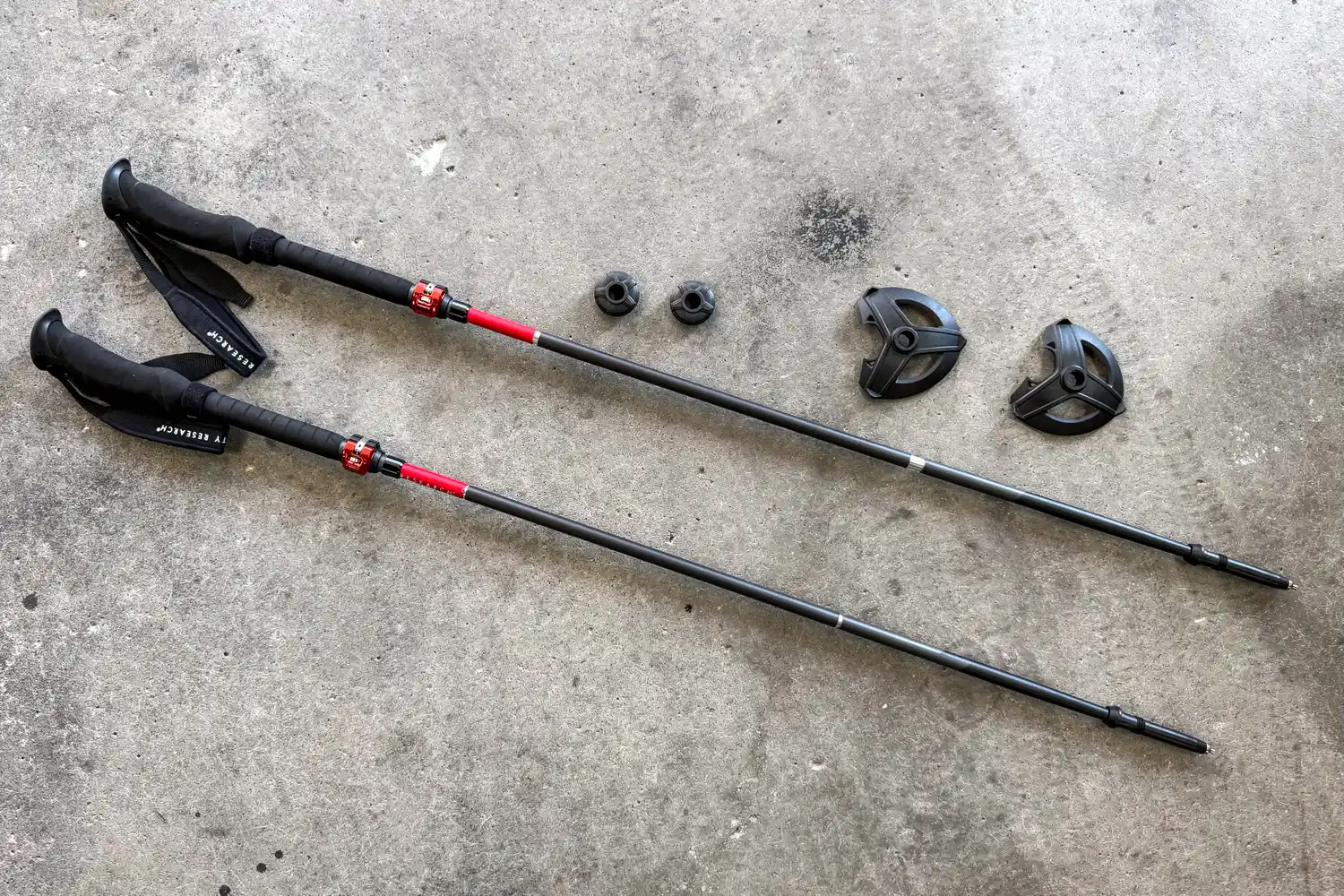 The pieces of the Mountain Safety Research DynaLock Ascent Carbon Backcountry Poles before use