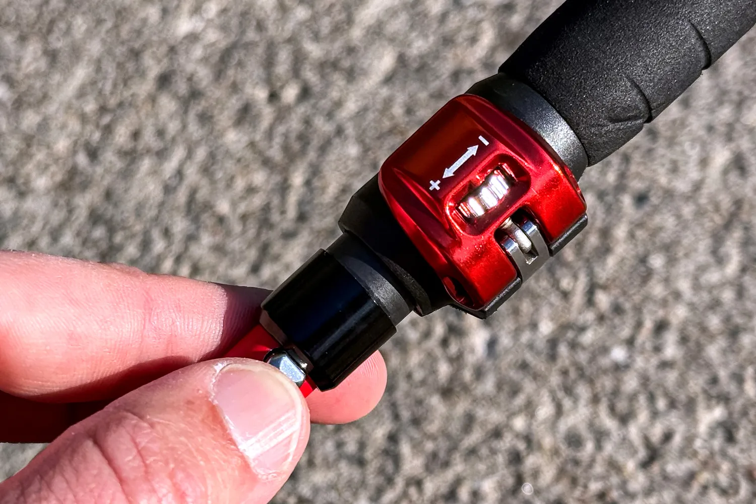 A closeup of the lock on the Mountain Safety Research DynaLock Ascent Carbon Backcountry Poles