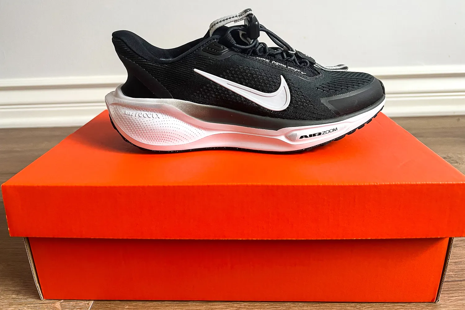 A side view of the Nike Pegasus EasyOn Women's Road Running Shoe on a shoebox