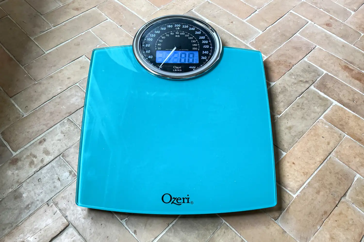 An overhead view of the Ozeri Rev 400 lbs Bathroom Scale