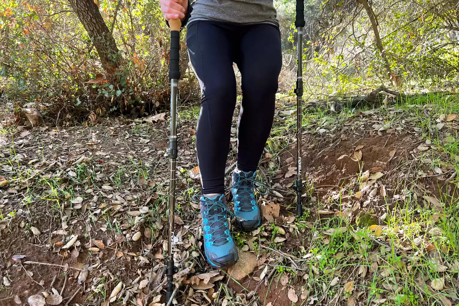 Person walking in woods using Foxelli Carbon Fiber Trekking Poles