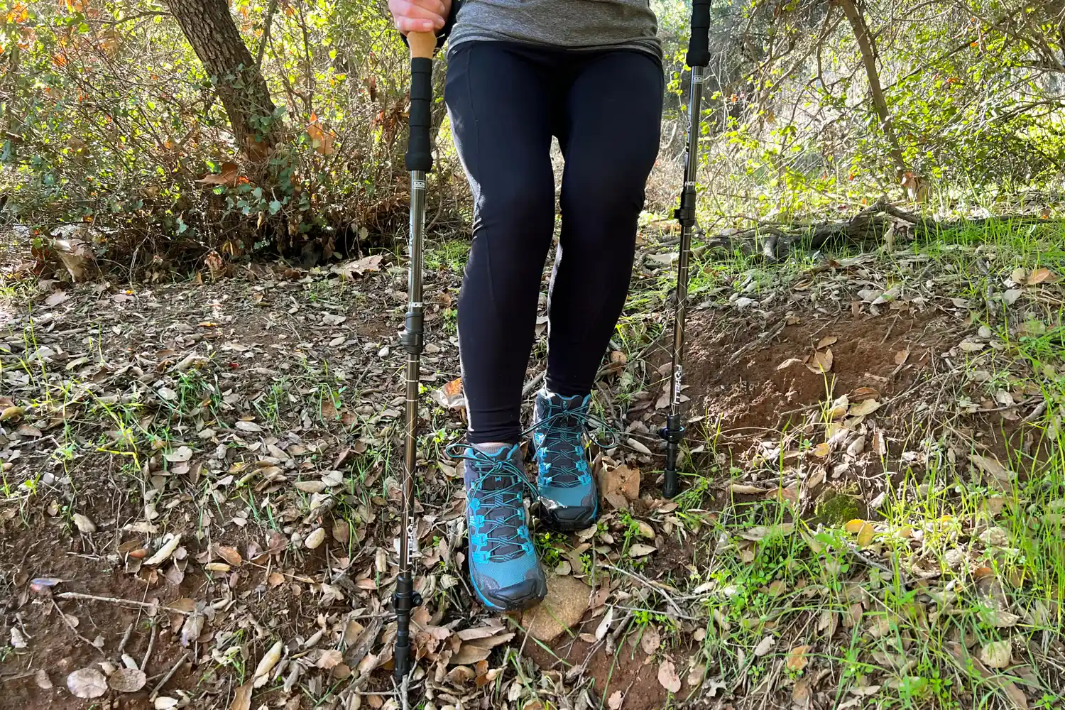Person walking in woods with Foxelli Carbon Fiber Trekking Poles