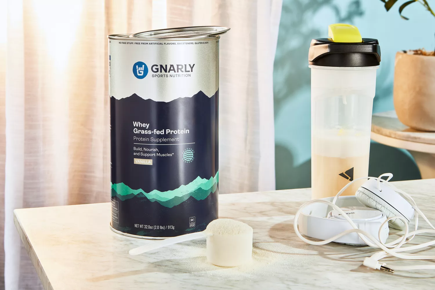 Gnarly Grass-Fed Whey Vanilla Protein Supplement displayed on a counter