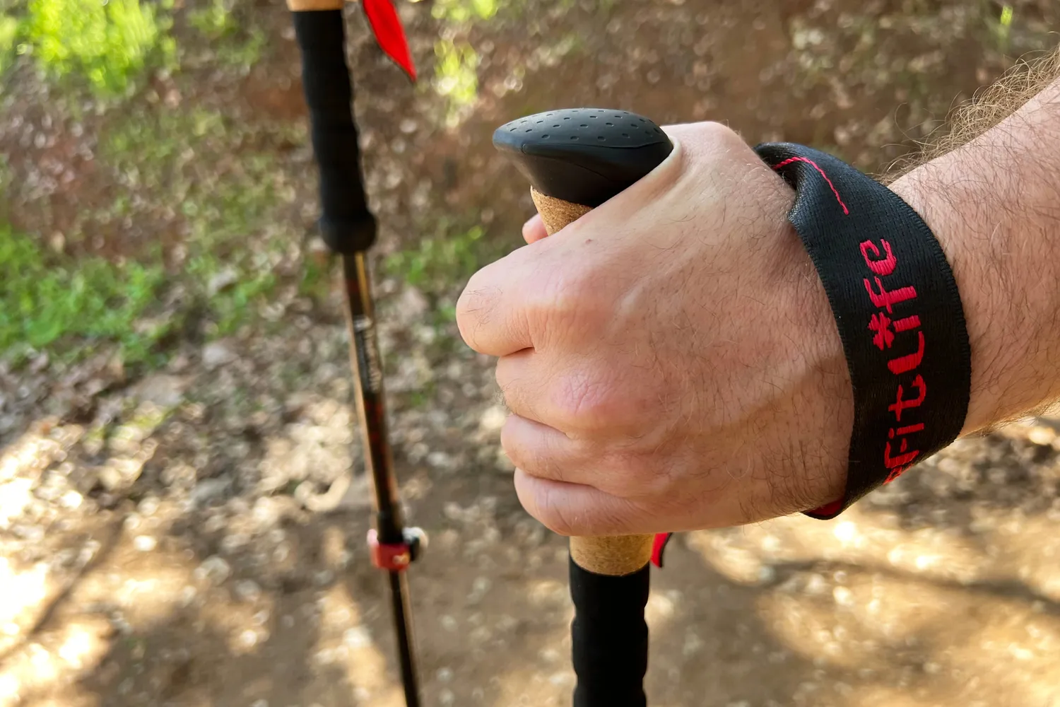 Closeup of a hand holding a trekking pole Fit Life wrist strap visible