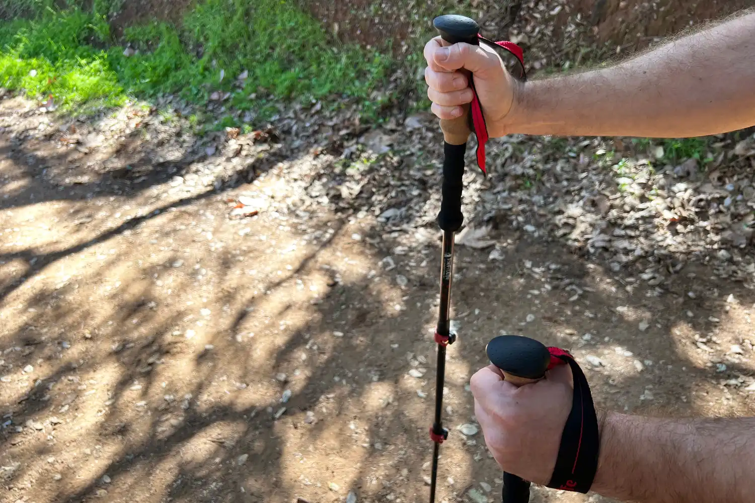 A person holding hiking poles outdoors on a trail