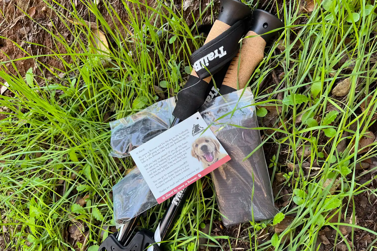 Trekking poles with cork handles and a card featuring a dog laid on grass