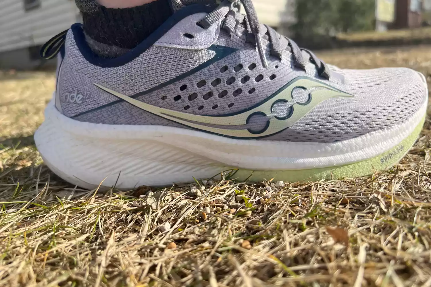 A side view of the Saucony Women's Ride 17 Running Shoe outside in grass
