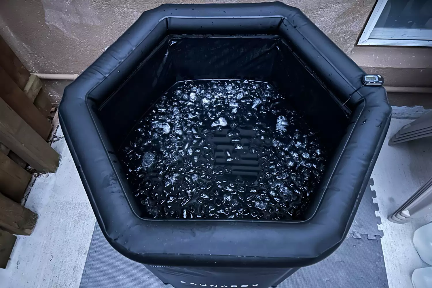 The Saunabox PlungeBox Pro filled with ice water