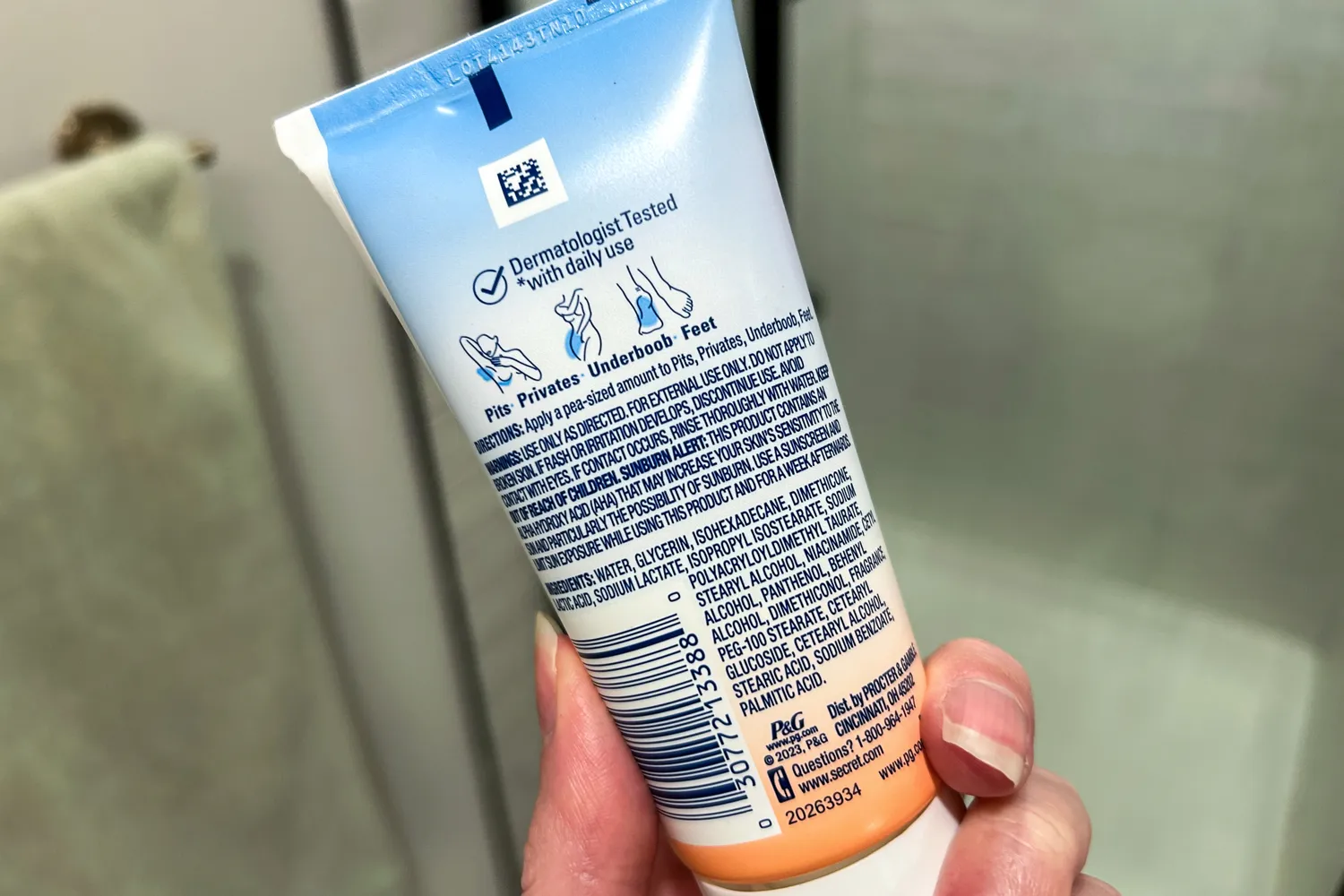 The back of a tube of Secret Aluminum-Free Whole Body Deodorant Cream
