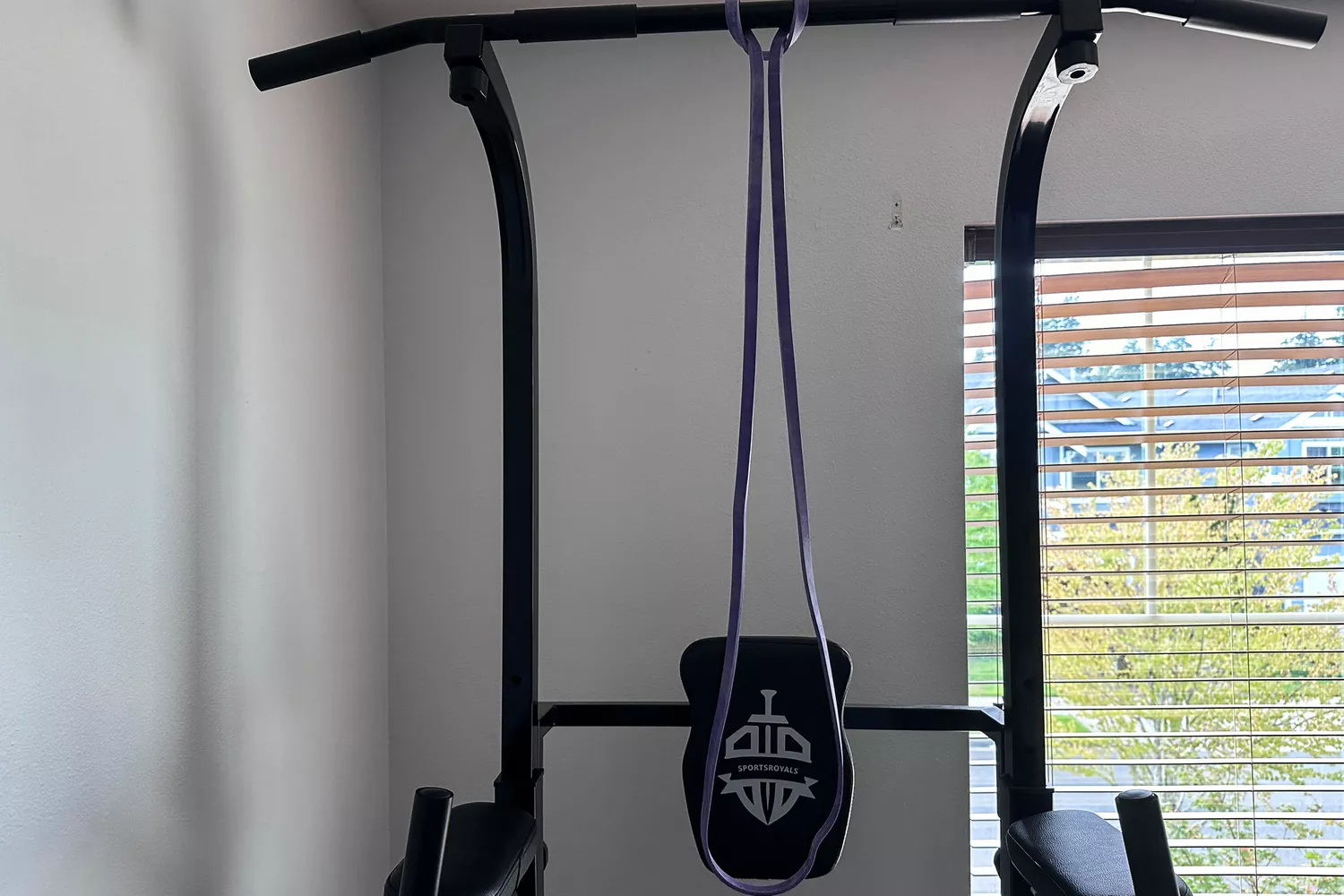The purple Serious Steel 41 Heavy Duty Resistance Band wrapped around a metal machine