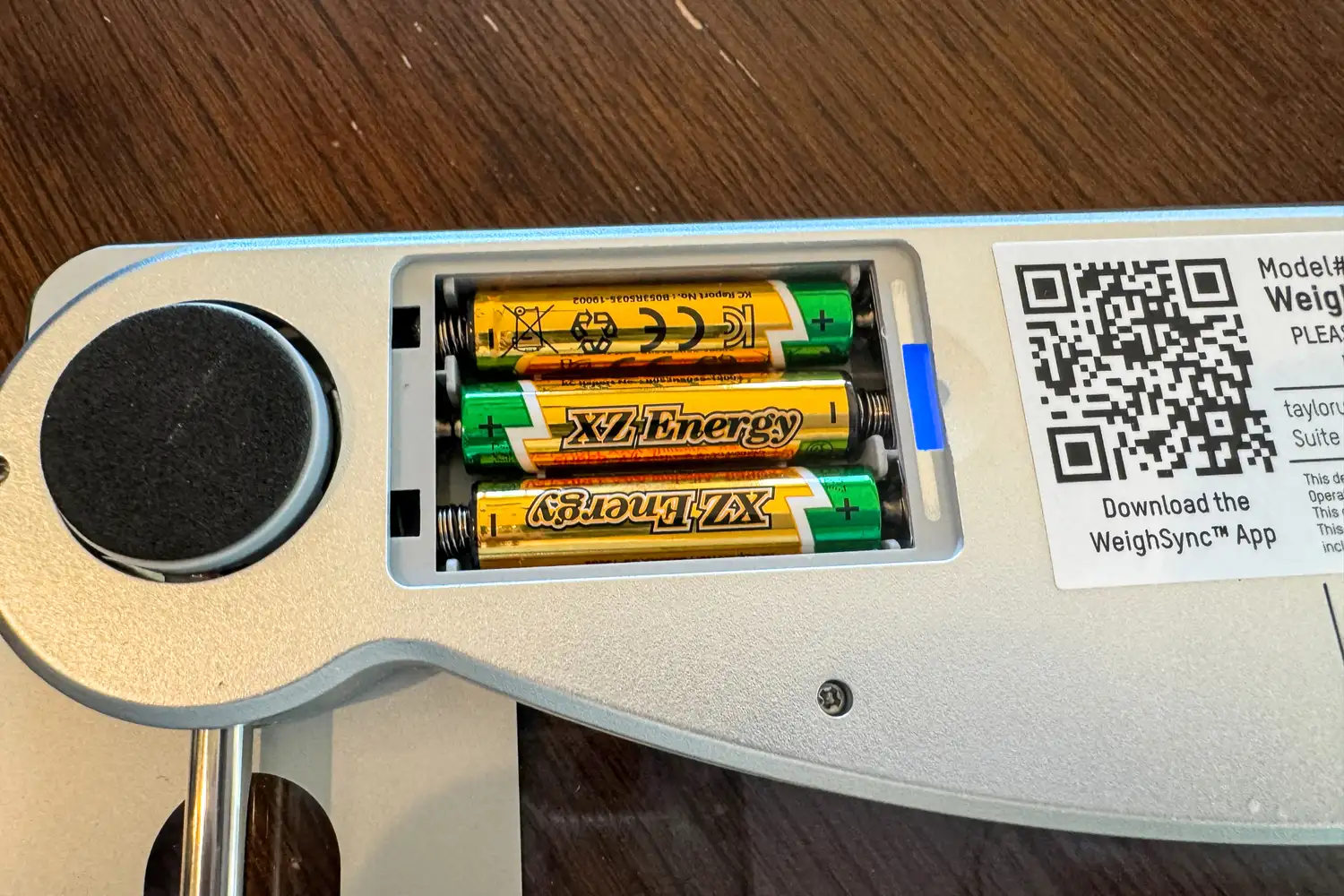 Batteries inside the Taylor Weight Tracking Smart Scale with Bluetooth Sync