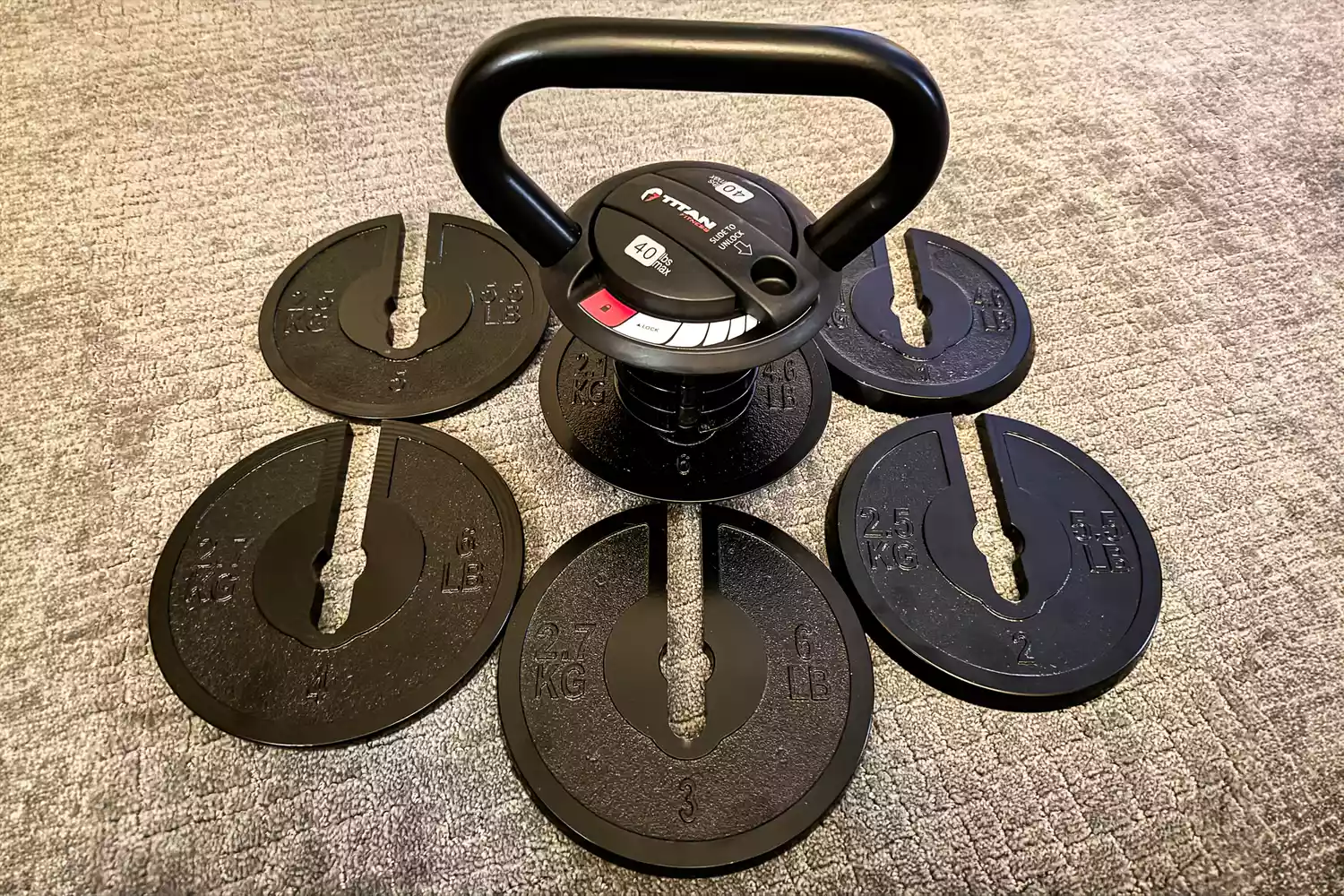 The Titan Fitness 40 lb Adjustable Kettlebell before assembly