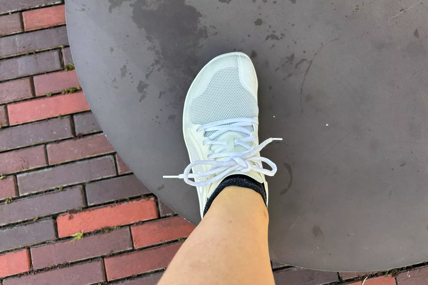 An overhead view of a person wearing the Vivobarefoot Women's Primus Lite III Weightlifting Sneaker