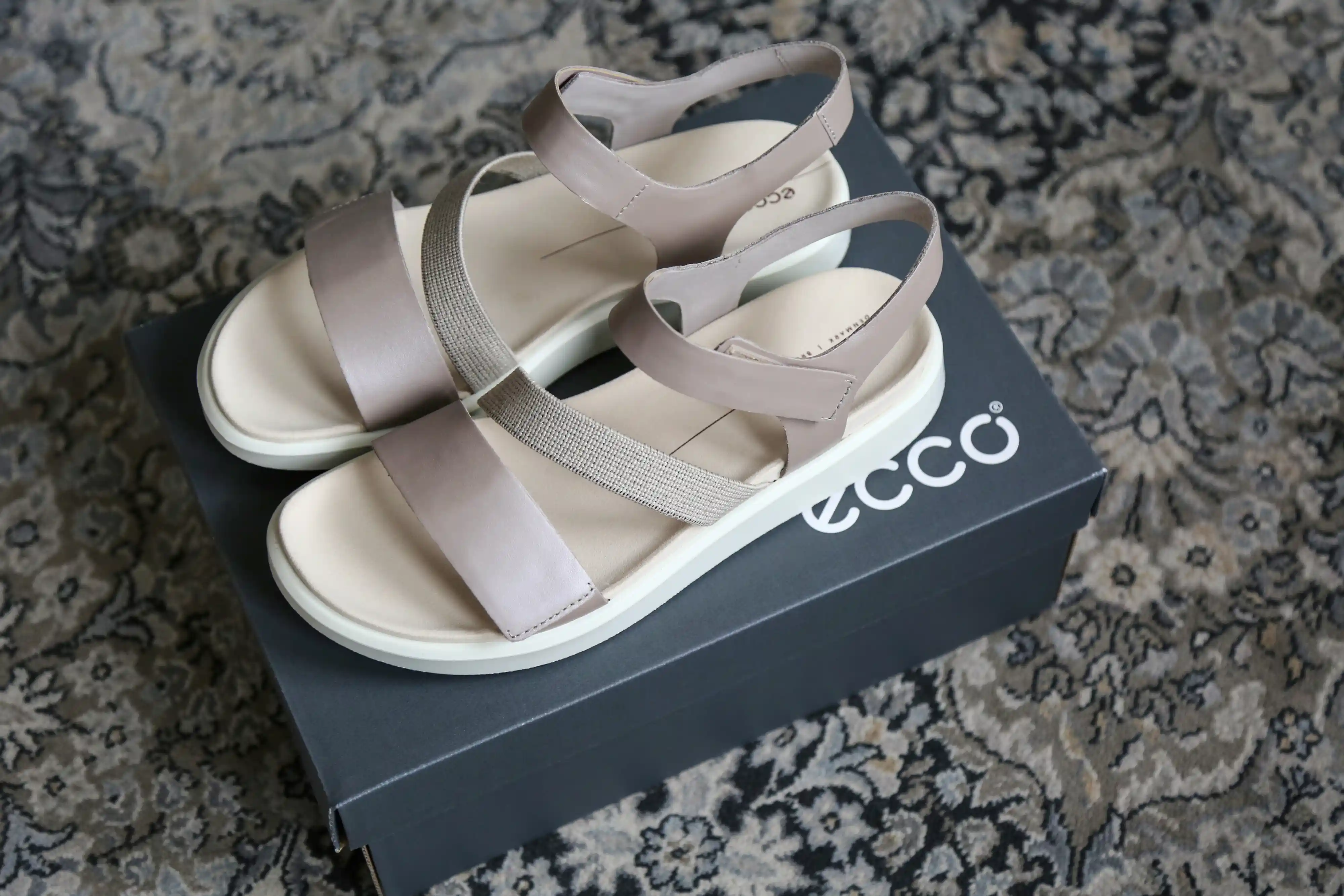 ECCO Women’s Flowt Sandal placed on top of shoe box