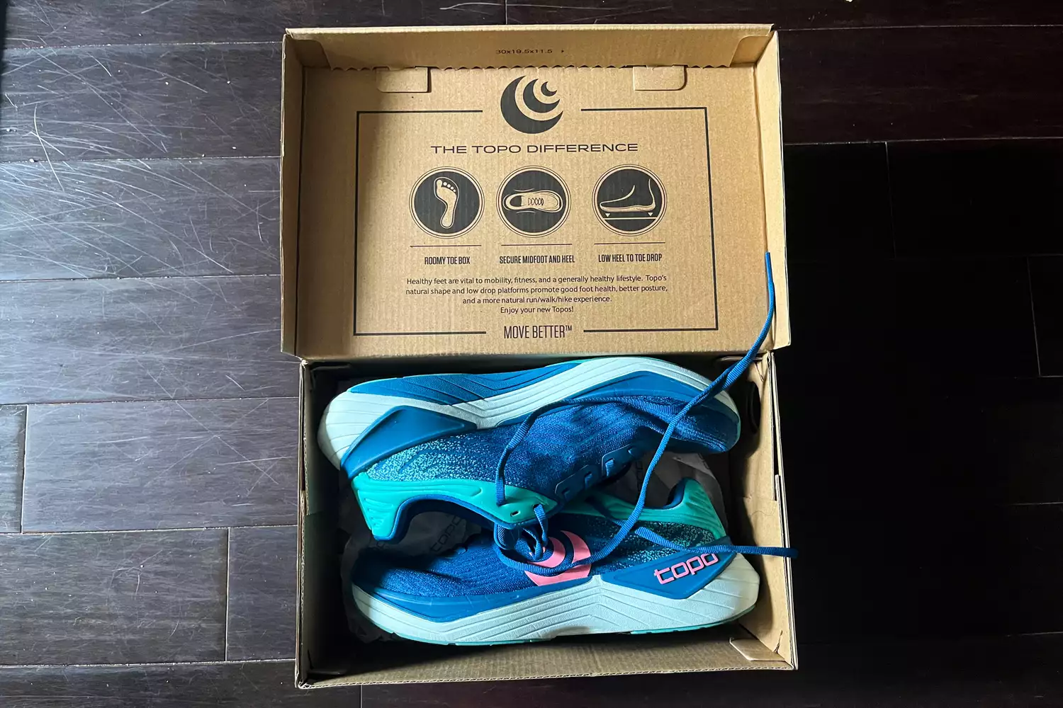 The Topo Athletic Women&acirc;s Ultrafly 5 sneakers in a box