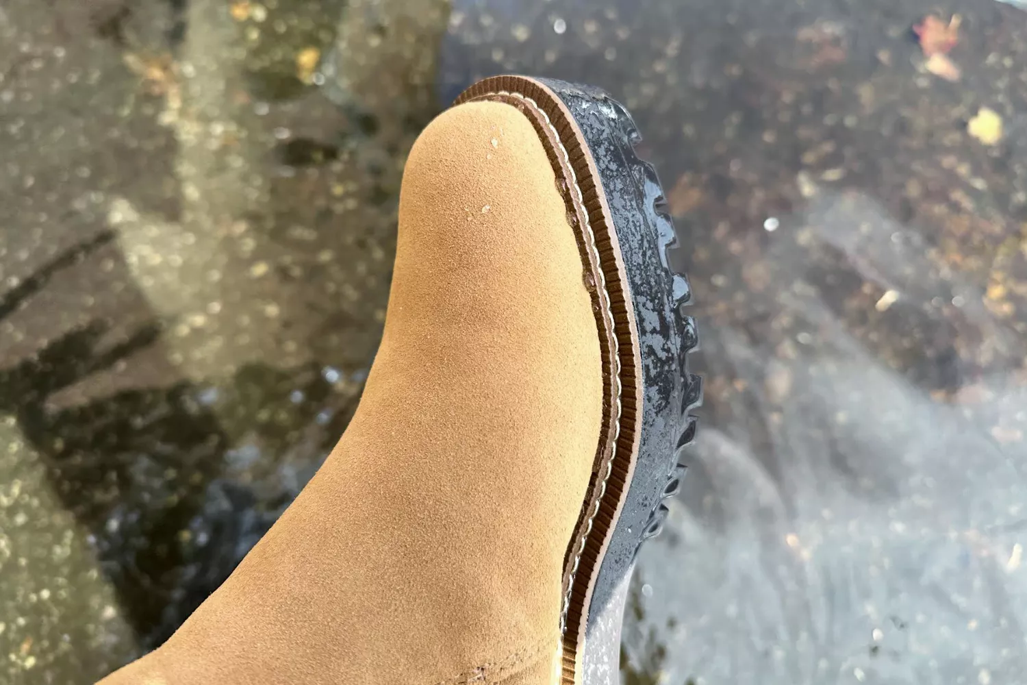 The side of the Sam Edelman Laguna Waterproof Chelsea Boot over water