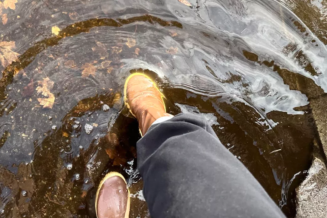 Feet walking in water while wearing the Xtratuf x Salmon Sisters 15 Inch Legacy Boots