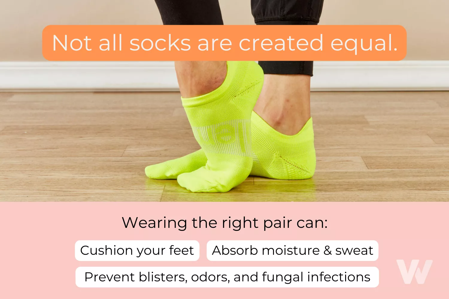 Feet wearing bright yellow walking socks with text listing benefits of good socks