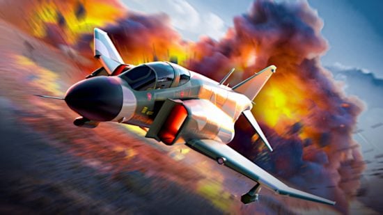 War Tycoon Code: An F-4 jet is flying away from a massive explosion.