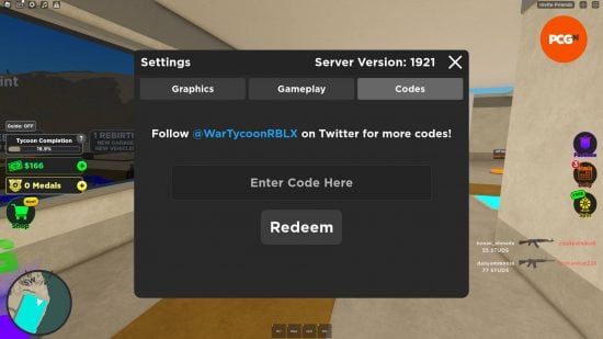 Code redemption screen for War Tycoon Codes.