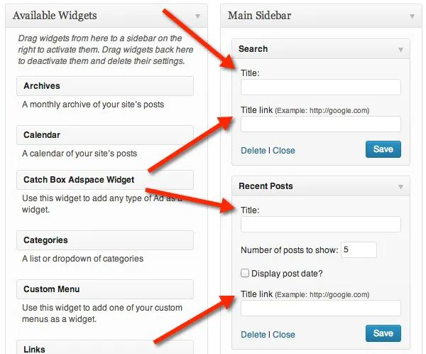 You should a title box and title link box for each of your widgets.