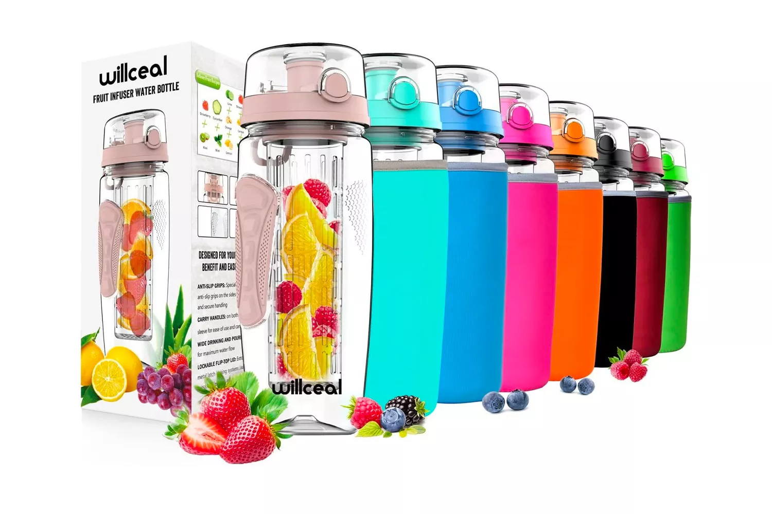 willceal Fruit Infuser Water Bottle 32oz- Durable, Large - BPA Free Tritan, Flip Lid, Leak Proof Design - Sports, Camping