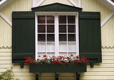 A window box with flowers planted in it.