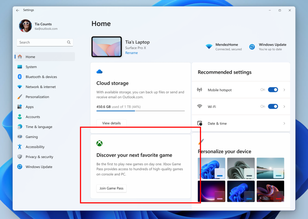 Microsoft is testing Game Pass ads on the Settings homepage