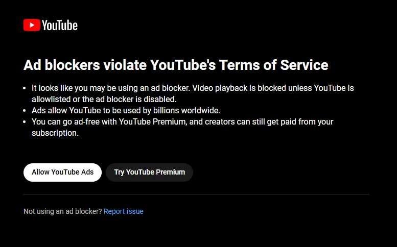 Ad blockers violate YouTube's Terms of Service