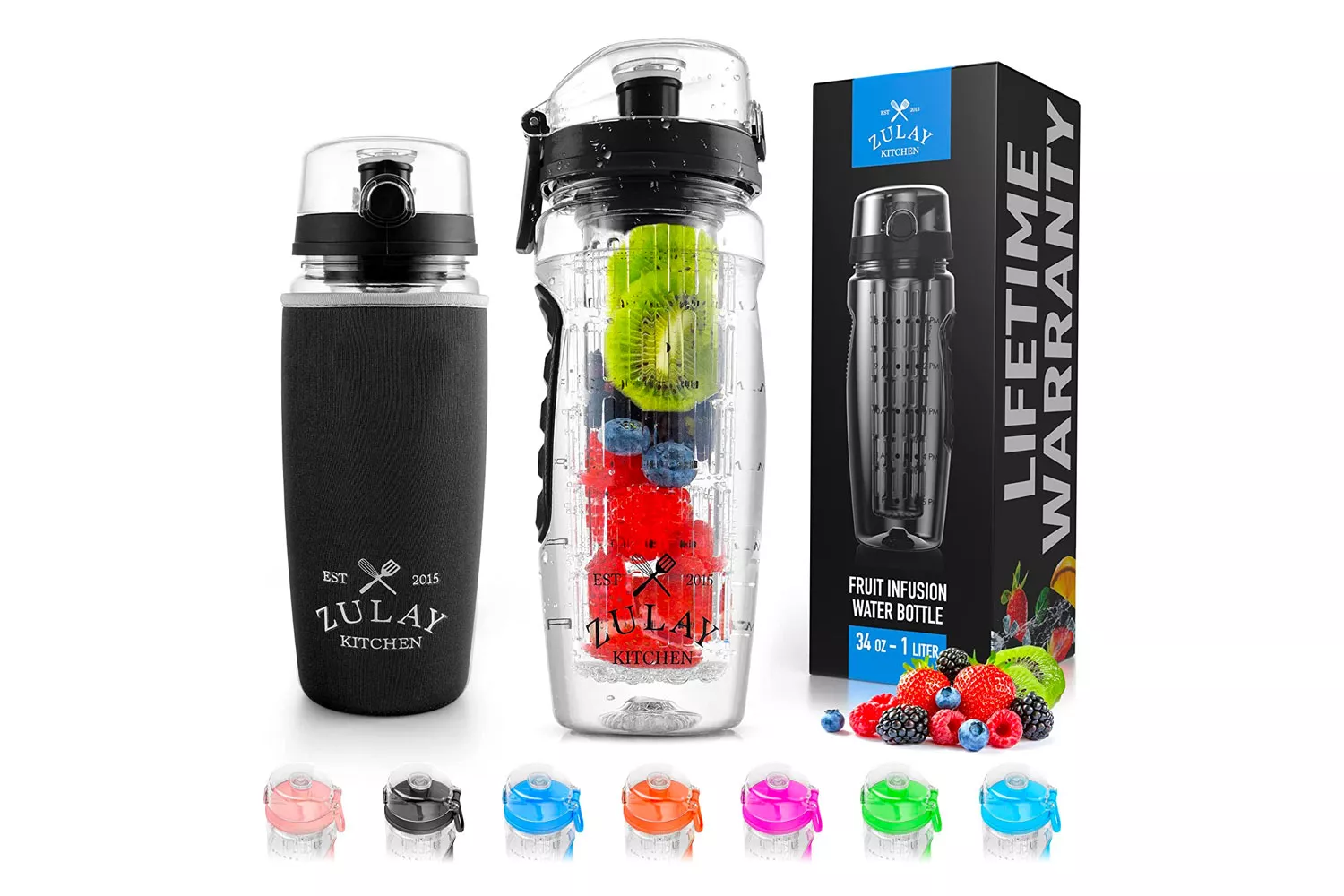 Zulay (34oz Capacity) Fruit Infuser Water Bottle With Sleeve - Anti-Slip Grip &amp; Flip Top Lid Infused Water Bottles for Women &amp; Men - Water Infusion...