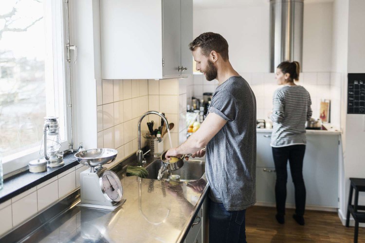 Couple cleaning the kitchen