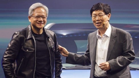 Chief executive officer of Nvidia Jensen Huang and Chairman of Foxconn Technology Group Young Liu attend the Hon Hai Tech Day in Taipei.