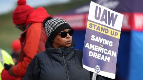 Workers picket outside the Ford Assembly plant in Chicago during the UAW strike against the Big Three US car makers on 10 October, 2023.