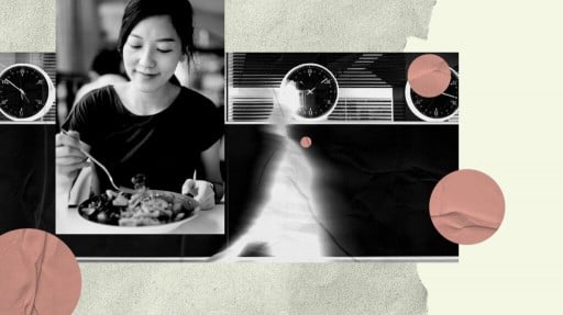 A collage of analog clocks and a woman eating a salad